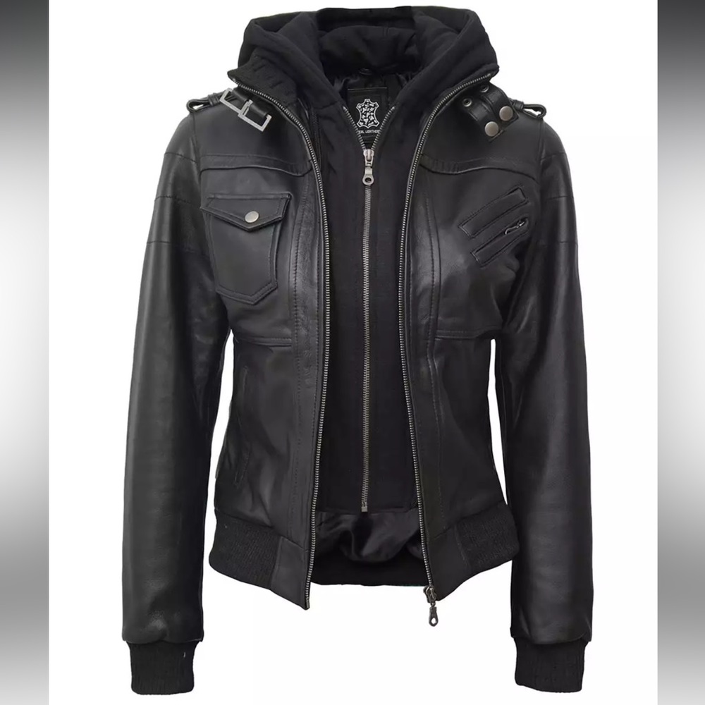 Edinburgh Womens Black Leather Bomber Jacket With Removable Hood NWT
